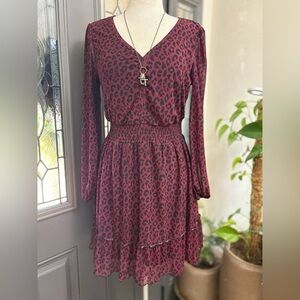 Madison + Hudson Maroon and Black Leopard Print Dress | Size L